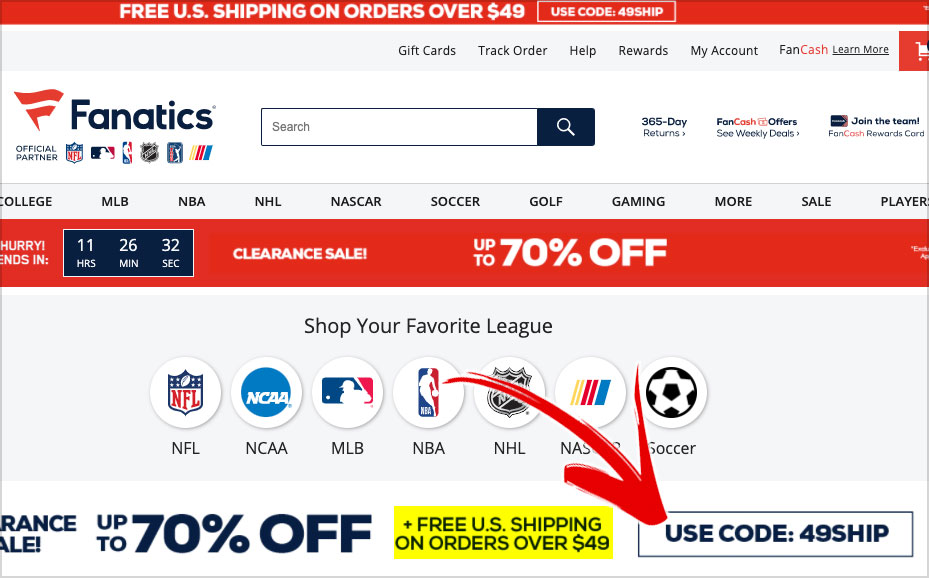 fanatics free delivery use code